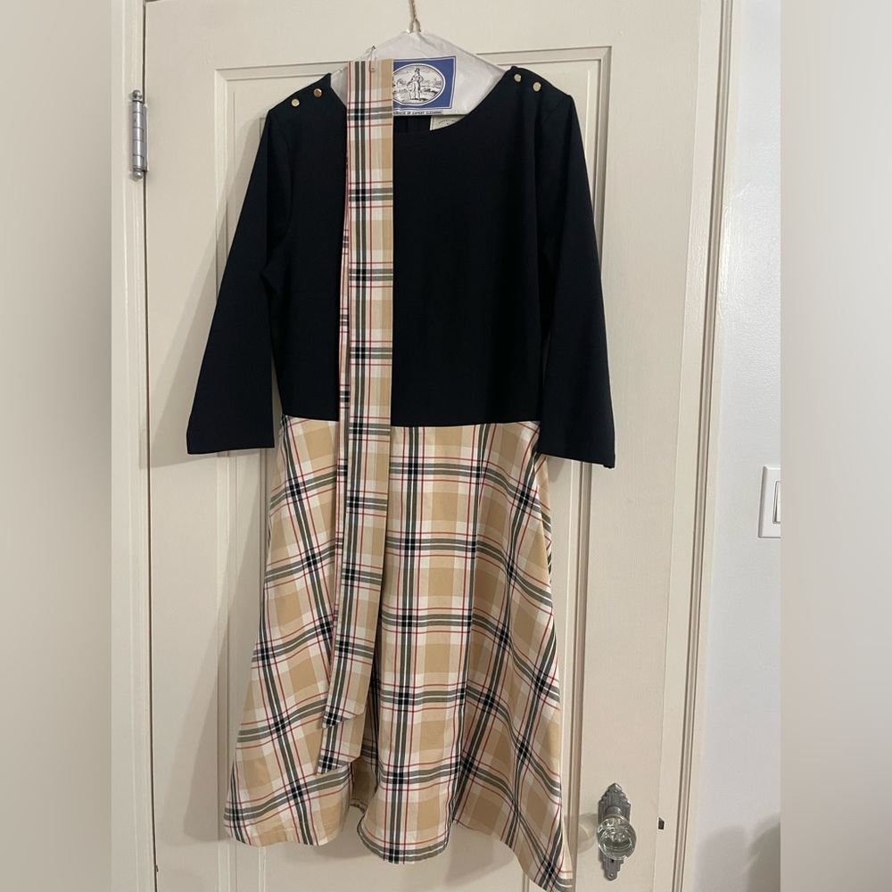 Hope and Henry Holiday Dress Plaid bottom with matching belt/sash, gold buttons